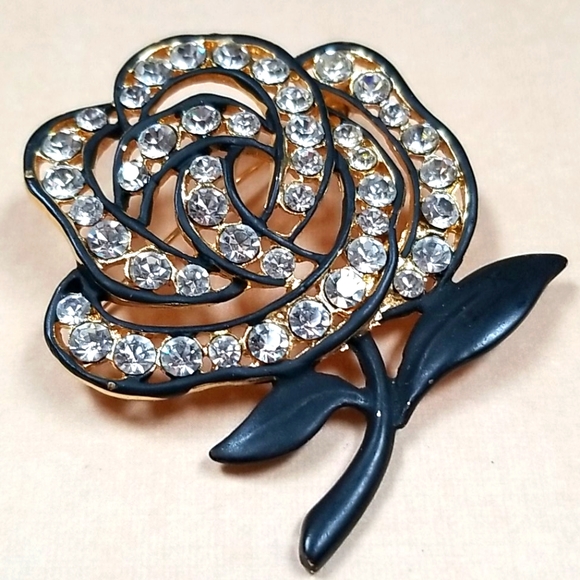 Vintage Black Enamel Rose Rhinestone Gold Tone Brooch - Picture 6 of 12